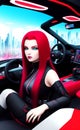 Cyberpunk pretty red hair woman driving a futuristic car Royalty Free Stock Photo