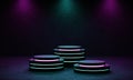 Cyberpunk product podium platform studio with blue and violet spotlight and grunge style textured background. Three stages. Retro