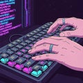 Cyberpunk Programmer Typing on Backlit Mechanical Keyboard at Night Royalty Free Stock Photo