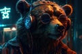 Cyberpunk Realism: Brown Bear in Neon Rococo World