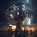 Cyberpunk Retro Futuristic Tree with Neon Lights