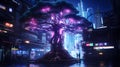 Cyberpunk Retro Futuristic Tree with Neon Lights