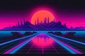 Cyberpunk and retro wave style futuristic night city. Neural network AI generated Royalty Free Stock Photo