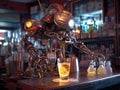 Cyberpunk robot bartender mixing chrome drink