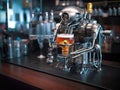 Cyberpunk robot bartender mixing chrome drink