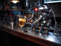 Cyberpunk robot bartender mixing chrome drink