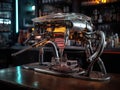 Cyberpunk robot bartender mixing chrome drink