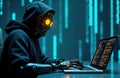 Cyberpunk robot hacker types code on laptop. Modern robot with hoodie in dark room. Digital network attack. Future tech crime