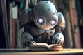 Cyberpunk robot reading a book. Generative AI illustration