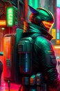 cyberpunk robot sci fi military soldiers wearing futuristic tactical outfit on the dystopian streets. Neon city nightlife.