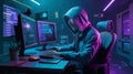 A cyberpunk scene depicting a hacker\'s mastery of technology and the thrill of navigating the digital underworld.