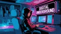 A cyberpunk scene depicting a hacker\'s mastery of technology and the thrill of navigating the digital underworld.