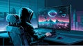 A cyberpunk scene depicting a hacker\'s mastery of technology and the thrill of navigating the digital underworld.