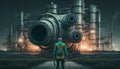 Cyberpunk scene, worker stands near futuristic pipeline at factory, generative AI