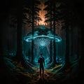 cyberpunk sci fi alien spaceship ufo is landing in the jungle at night Science fiction artwork of outsiders futuristic spacecraft Royalty Free Stock Photo