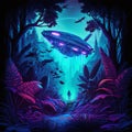 cyberpunk sci fi alien spaceship ufo is landing in the jungle at night Science fiction artwork of outsiders futuristic spacecraft