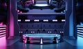 Cyberpunk sci-fi product podium showcase in empty spaceship room with blue and pink background. Cosmos space technology and