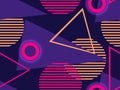 Cyberpunk seamless pattern. Retro futurism of the 80s. Neon round and linear light rays. Background synthwave. Vector