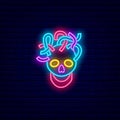 Cyberpunk skull with wires neon icon. Outer glowing effect banner. Editable stroke. Isolated vector illustration