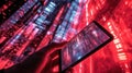 Cyberpunk smartphone interface in a futuristic data world