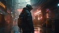 cyberpunk soldier navigates dystopian city, digital art illustration, Generative AI