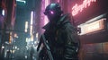 cyberpunk soldier navigates dystopian city, digital art illustration, Generative AI