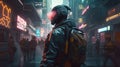 cyberpunk soldier navigates dystopian city, digital art illustration, Generative AI