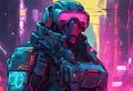 Cyberpunk soldier, neon highlights and neon