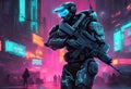 Cyberpunk soldier, neon highlights and neon