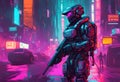 Cyberpunk soldier, neon highlights and neon