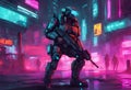Cyberpunk soldier, neon highlights and neon