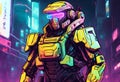 Cyberpunk soldier, neon highlights and neon