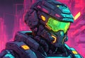 Cyberpunk soldier, neon highlights and neon