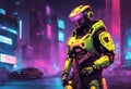 Cyberpunk soldier, neon highlights and neon