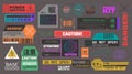 Cyberpunk stickers. High tech futuristic warning and caution labels, safety signs and cyber decals with barcodes