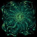 Cyberpunk style decorative fantasy pattern, gradient green colors on black background. Vector hand drawn artwork