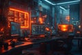 Cyberpunk-style futuristic hacker workspace with multiple monitors displaying code, neon lights, and city view