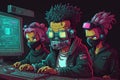 Cyberpunk style picture of hackers that is by computers. Beautiful colorful illustration. Generative AI
