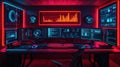 Cyberpunk-style workstation with multiple monitors displaying data visualizations and coding Royalty Free Stock Photo