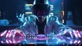 Cyberpunk style. a young african-american man wearing a virtual reality helmet and playing turntable