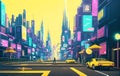 Nighttime cyberpunk city illustration. Neon bright lights landscape painting. ai generated Royalty Free Stock Photo