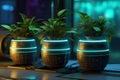 cyberpunk three pots of plants on the board generative AI