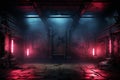 Cyberpunk vibe, Neon, smoke, concrete in empty brick room