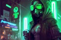 Cyberpunk woman wearing helmet and glasses with acid color neon lights cityscape background Royalty Free Stock Photo