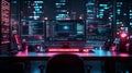 Cyberpunk workspace with multiple monitors displaying complex data Royalty Free Stock Photo