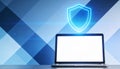 Cybersecurity concept, digital shield icon glowing over laptop, blue tones, professional corporate style, modern minimalistic Royalty Free Stock Photo