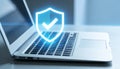 Cybersecure, worldwide internet network security technology, privacy digital data protection concepts. Safety shield icon hologram Royalty Free Stock Photo