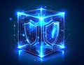 Cybersecurity abstract cube featuring security shields for data protection Royalty Free Stock Photo