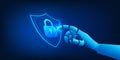 Cybersecurity AI Protection with Robotic Hand Touching Digital Lock, Secured Data System, Preventing Hacking, Malware Attack Royalty Free Stock Photo