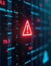 Cybersecurity alert appears on blurred digital display. Critical error warning sign highlights system breach. Hacker attack warns